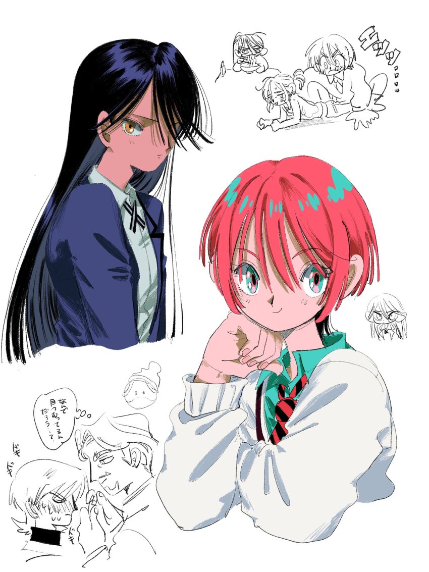 2girls amate_yuzuriha aqua_eyes black_hair blazer cardigan challia_bull collared_shirt gundam gundam_gquuuuuux highres jacket long_hair looking_at_viewer multiple_girls necktie nyaan_(gundam_gquuuuuux) red_hair retro_artstyle school_uniform shirt short_hair shuji_ito simple_background smile soduya straight_hair white_background xavier_olivette yellow_eyes