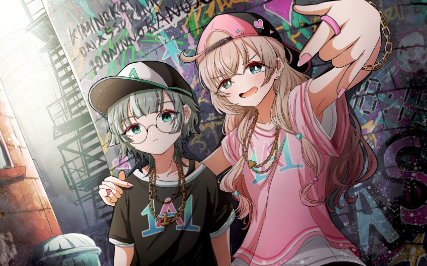 2girls \m/ ahoge alley alternate_hairstyle arm_around_shoulder armpit_peek backwards_hat baseball_cap beads black_bra black_shirt blonde_hair blunt_bangs blunt_ends bra bra_strap brick_wall chain chain_bracelet chain_necklace closed_mouth collarbone copyright_name day dutch_angle earrings fire_escape foreshortening frown gradient_hair graffiti green_eyes green_hair hair_beads hair_down hair_ornament hand_on_another&#039;s_shoulder hat heart heart_earrings heart_necklace hifumi_suu highres jewelry kedarui_aashii kimi_no_koto_ga_dai_dai_dai_dai_daisuki_na_100-nin_no_kanojo kusanochika layered_clothes light_particles long_hair looking_at_viewer multicolored_hair multiple_earrings multiple_girls nail_polish necklace open_mouth outdoors outstretched_arm pink_nails pink_shirt ring round_eyewear shirt shirt_under_shirt short_hair smile t-shirt trash_can underwear upper_body v-shaped_eyebrows window