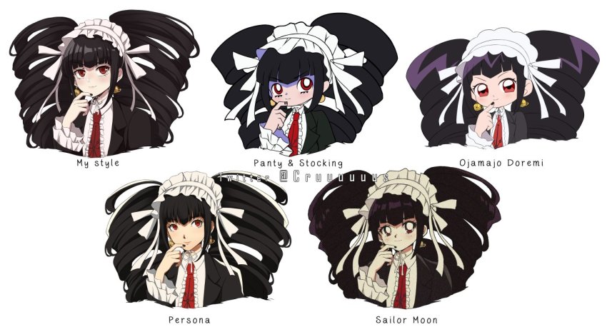 1girl big_hair bishoujo_senshi_sailor_moon black_hair black_nails celestia_ludenberg closed_mouth commentary copyright_name criis-chan danganronpa:_trigger_happy_havoc danganronpa_(series) drill_hair english_commentary long_hair multiple_style_parody multiple_views nail_polish necktie ojamajo_doremi panty_&amp;_stocking_with_garterbelt parody persona red_neckwear ribbon simple_background smile soejima_shigenori_(style) style_parody takeuchi_naoko_(style) twin_drills white_ribbon