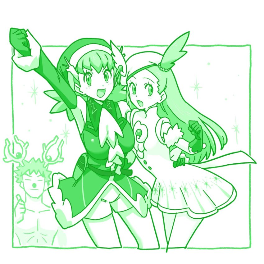 1boy 2girls :d ascot blush breasts brock_(pokemon) buttons clenched_hand commentary_request detached_sleeves dress eyelashes gloves hand_on_another&#039;s_waist happy hat highres jasmine_(holiday_2022)_(pokemon) jasmine_(pokemon) kenchi long_hair looking_at_viewer monochrome multiple_girls nintendo official_alternate_costume one_side_up open_mouth pokemon pokemon_masters_ex pokemon_rgby santa_hat shorts smile whitney_(holiday_2022)_(pokemon) whitney_(pokemon)