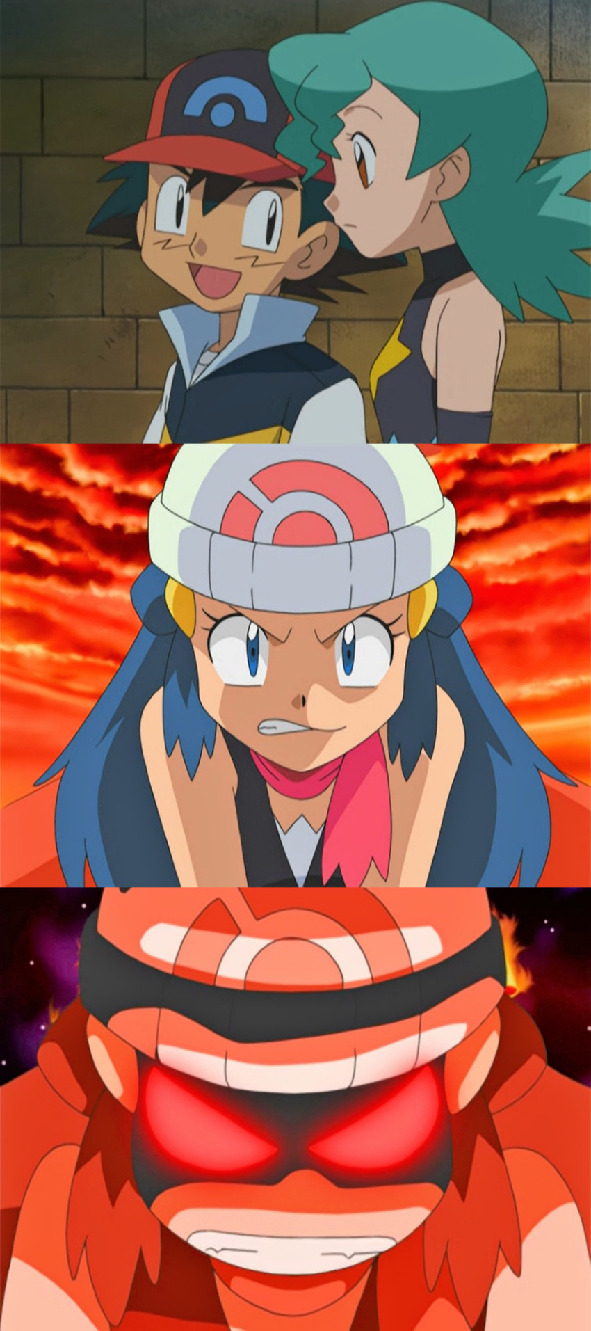 1boy 2girls absurdres aged_down ash_ketchum bare_shoulders dawn_(pokemon) gen_4_pokemon gloves green_hair highres jenny_(pokemon) long_glove marble_(pokemon) multiple_girls nintendo official_alternate_costume orange_eyes pokemon pokemon_(anime) pokemon_dp059 pokemon_dppt_(anime) spandex