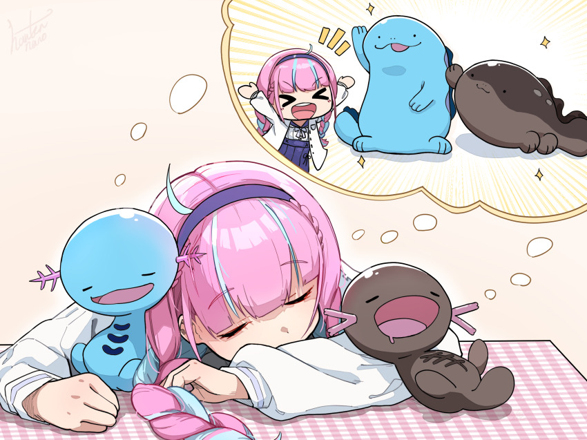&gt;_&lt; 1girl ahoge blue_hair blue_skirt blunt_bangs braid chibi chibi_inset clodsire closed_eyes colored_inner_hair commentary_request dreaming drooling french_braid gen_2_pokemon hanten_(hantennano) head_rest highres hololive jacket long_hair minato_aqua minato_aqua_(sailor) mouth_drool multicolored_hair nintendo open_clothes open_jacket paldean_wooper pleated_skirt pokemon purple_hair quagsire sidelocks skirt sleeping sparkle streaked_hair table twin_braids two-tone_hair virtual_youtuber white_jacket wooper
