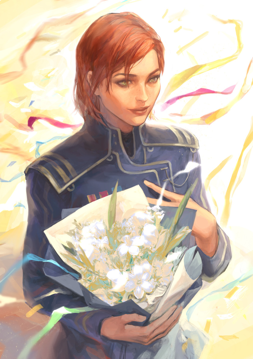 1girl bouquet commander_shepard commander_shepard_(female) confetti flower highres mass_effect_(series) military military_uniform solo solo_focus ssv-akinarii streamers tumblr
