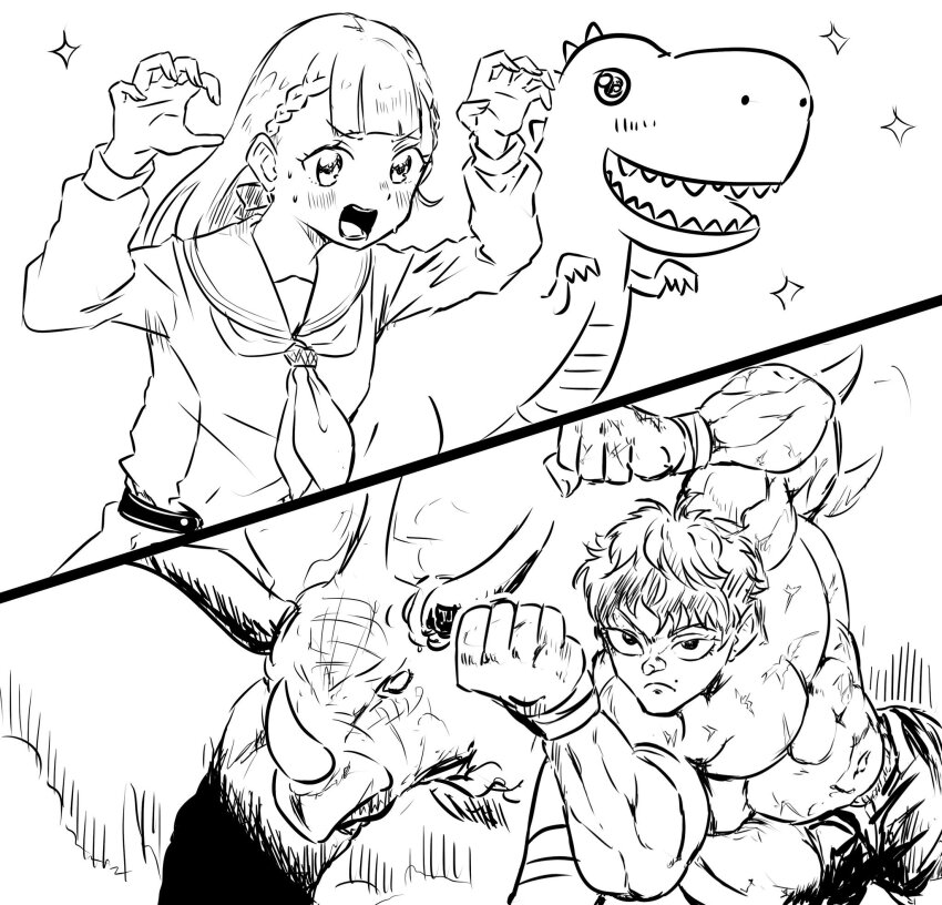 1boy 1girl blush bow braid center-flap_bangs claw_pose closed_mouth contrast dinosaur dress frown grappler_baki greyscale hair_bow hanma_baki hasu_no_sora_school_uniform highres kachimachi_kosuzu kanzaki_gou link!_like!_love_live! long_hair long_sleeves love_live! monochrome muscular muscular_male neckerchief open_mouth sailor_collar sailor_dress school_uniform sharp_teeth short_hair shorts side_ahoge side_braids sparkle straight_hair teeth topless_male triceratops triceratops_fist tyrannosaurus_rex upper_teeth_only v-shaped_eyebrows virtual_youtuber white_background winter_uniform