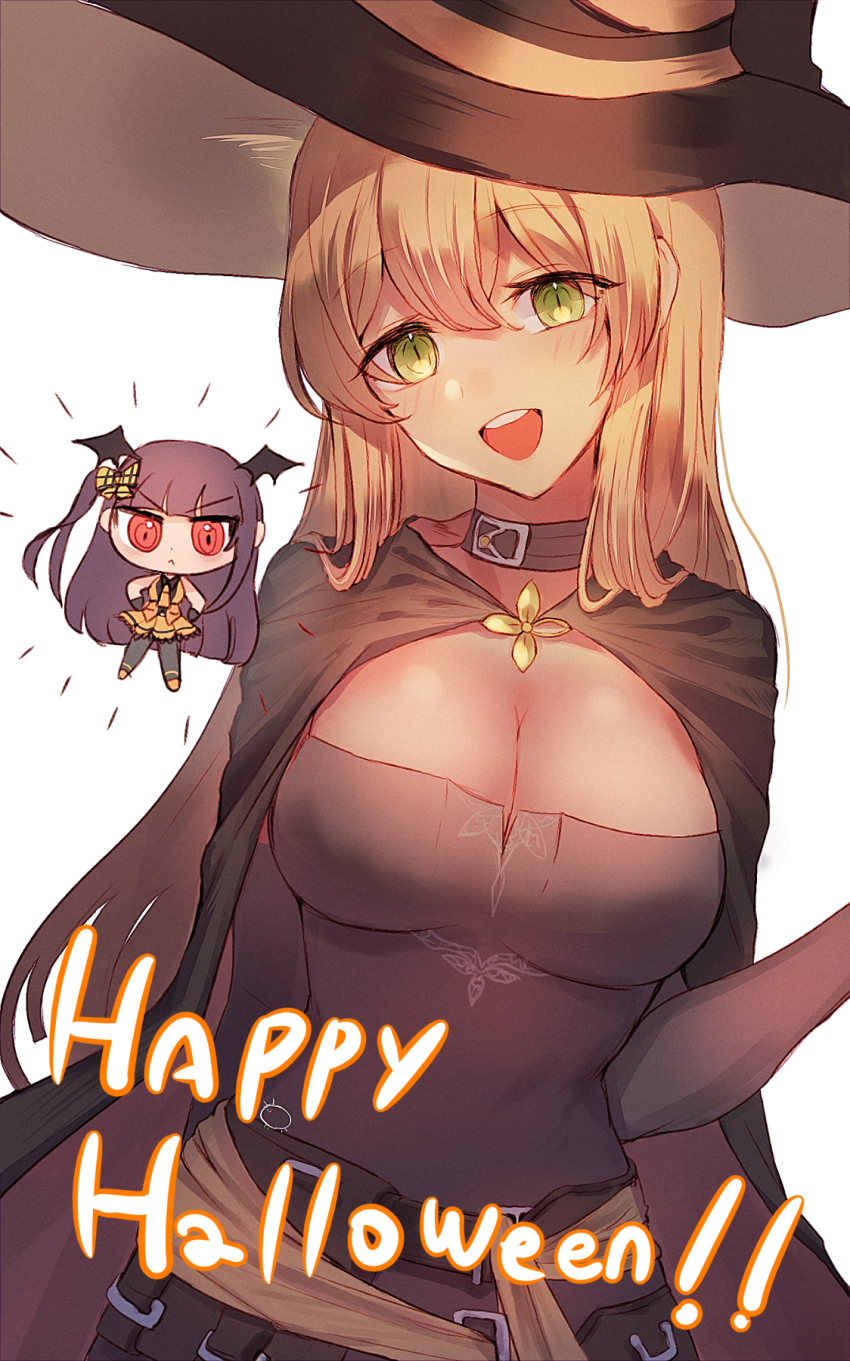 &gt;:&lt; 2girls :d bad_id bad_pixiv_id blonde_hair breasts cape chibi choker cleavage fake_wings girls&#039;_frontline green_eyes hands_on_own_hips happy_halloween hat head_wings highres large_breasts long_hair looking_at_viewer multiple_girls official_alternate_costume one_side_up open_mouth purple_hair red_eyes simple_background smile springfield_(classic_witch)_(girls&#039;_frontline) springfield_(girls&#039;_frontline) upper_body v-shaped_eyebrows wa2000_(girls&#039;_frontline) wa2000_(haunted_castle)_(girls&#039;_frontline) white_background wings witch_hat xanax025
