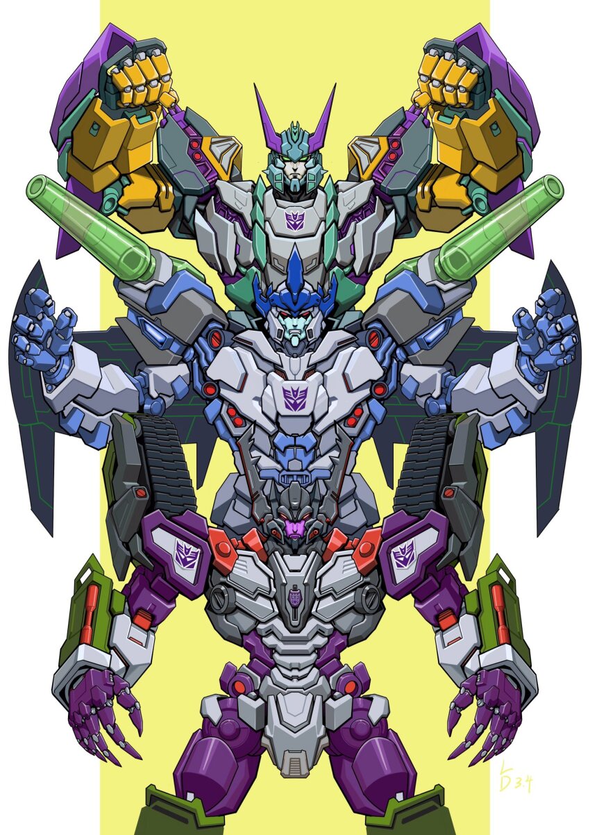 alien arms_up cannon claws crown ct990413 decepticon galvatron green_eyes highres horns mecha megatron red_eyes robot scowl super_robot transformers transformers_armada transformers_cybertron transformers_energon transformers_unicron_trilogy white_background wings yellow_background