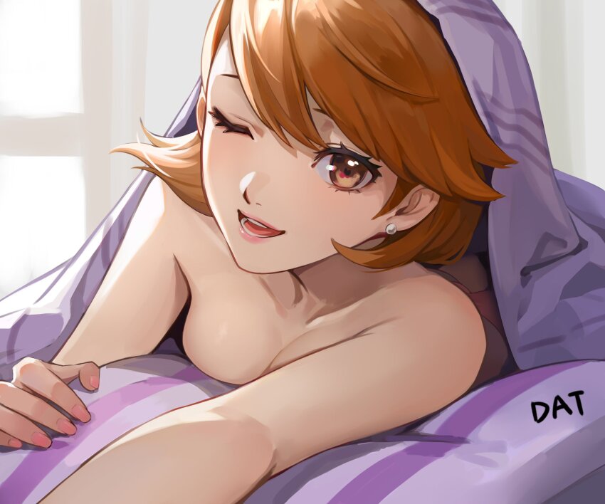 1girl ;d artist_name blanket breast_press breasts brown_eyes brown_hair cleavage collarbone commentary da-cart earrings highres indoors jewelry lips looking_at_viewer medium_breasts morning nail_polish nude one_eye_closed open_mouth persona persona_3 pink_lips pink_nails pov short_hair smile solo stud_earrings takeba_yukari under_covers upper_body
