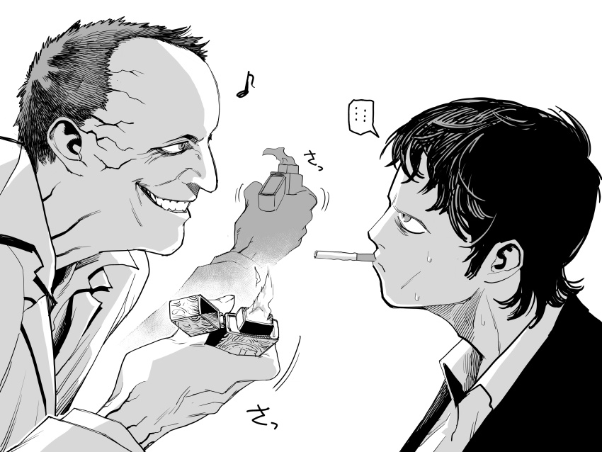 ... 2boys absurdres afterimage character_request cigarette commentary_request constantine eighth_note greyscale grin highres holding holding_lighter jacket john_constantine lighter lucifer_(mythology) male_focus manabu_yashiro monochrome multiple_boys musical_note smile spoken_ellipsis sweat zippo_lighter