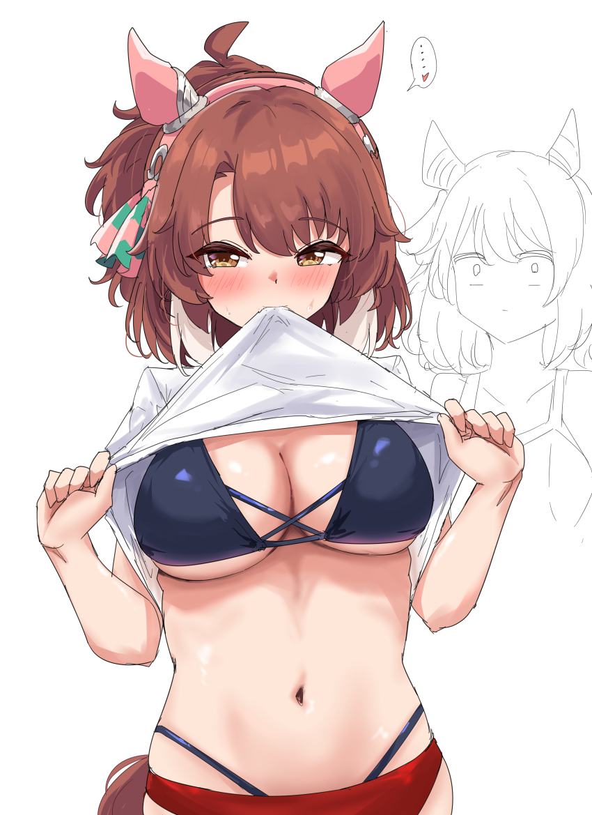 2girls absurdres breasts brown_eyes brown_hair closed_mouth commentary_request dantsu_flame_(umamusume) gryebooks hair_ornament highres hishi_miracle_(umamusume) horse_girl large_breasts looking_at_viewer medium_hair multiple_girls navel swimsuit umamusume white_background