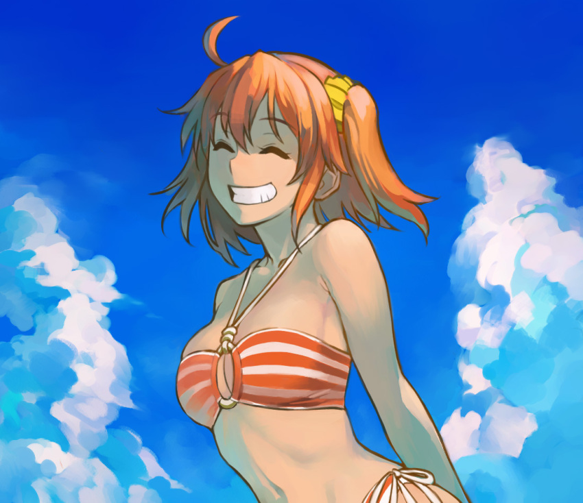 1girl ^_^ ahoge arms_behind_back b_suke bikini breasts closed_eyes cloud facing_viewer fate/grand_order fate_(series) fujimaru_ritsuka_(female) fujimaru_ritsuka_(female)_(brilliant_summer) grin looking_at_viewer multicolored_bikini one_side_up orange_bikini orange_hair outdoors scrunchie side-tie_bikini_bottom sky small_breasts smile solo striped_bikini striped_clothes swimsuit two-tone_bikini upper_body white_bikini yellow_scrunchie