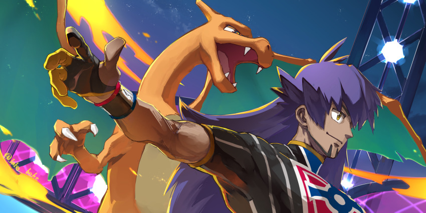 1boy champion_uniform charizard claws commentary_request dark-skinned_male dark_skin dynamax_band facial_hair gen_1_pokemon gloves highres jako_(boke_poke) leon_(pokemon) light long_hair male_focus night nintendo outstretched_arm partially_fingerless_gloves pokemon pokemon_(creature) pokemon_swsh purple_hair shirt short_sleeves sky stadium upper_body watermark yellow_eyes