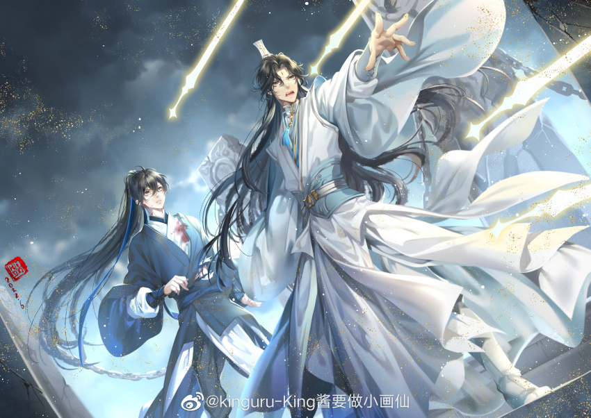 2boys aqua_sash black_hair black_hanfu black_pants blood blood_on_clothes blood_on_face blue_eyes blue_ribbon boots broken_pillar chain cheng_qian chinese_clothes chinese_commentary cloud cloudy_sky dutch_angle furrowed_brow glowing glowing_sword glowing_weapon grey_eyes hair_ribbon hanfu high_ponytail highres huadian injury kingchenxi liu_yao long_sleeves looking_ahead male_focus multiple_boys open_mouth outdoors outstretched_hand pants ponytail ribbon scowl sky stairs standing stone_pillar stone_stairs sweatdrop tassel torn_clothes watermark weapon weibo_watermark white_boots white_hanfu white_pants wide_sleeves xiao_guan_(headdress) yan_zhengming