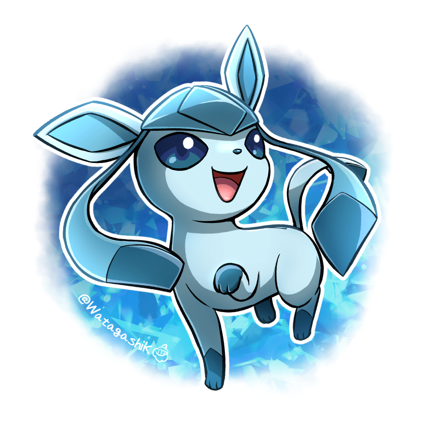 :d absurdres blue_background blue_eyes commentary_request full_body gen_4_pokemon glaceon happy highres leg_up looking_to_the_side nintendo no_humans open_mouth outline partial_commentary pokemon pokemon_(creature) pokemon_focus signature smile solo twitter_username two-tone_background watagashikn white_background white_outline