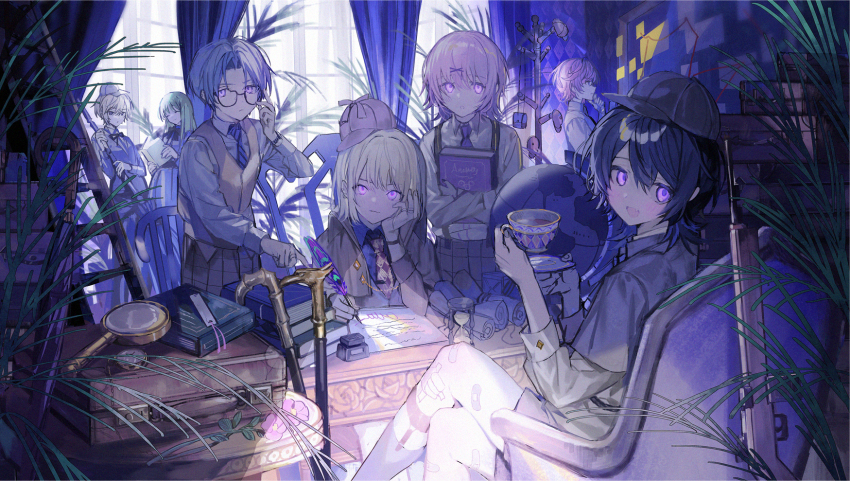 6+boys adjusting_eyewear bandaid bandaid_on_knee bandaid_on_leg black_cape black_hair black_hat blonde_hair blue_hair blue_necktie blue_shirt blush book broom brown_cape brown_hair brown_vest cape checkered_clothes checkered_necktie checkered_pants closed_eyes closed_mouth clothes_hanger collared_shirt commentary_request cowboy_shot crossed_arms cup curtains detective diagonal-striped_clothes diagonal-striped_necktie ear_piercing earrings fang feet_out_of_frame flower full_body garter_straps glowing glowing_eyes green_hair grey_shirt grey_vest gun hair_between_eyes hair_ornament hat highres holding holding_book holding_broom holding_cup holding_plate holding_quill hourglass indoors jacket jewelry ladder long_hair looking_at_another looking_at_object looking_at_viewer magnifying_glass male_focus medium_hair multiple_boys nana_tetra neck_ribbon necktie on_chair open_mouth original pants paper parted_lips piercing pink_eyes pink_hair plant plate pocket_watch purple_eyes quill ribbon rifle shirt short_hair shorts sitting skin_fang smile standing stepladder striped_clothes suitcase teacup teeth umbrella upper_body vest watch weapon white_shirt window x_hair_ornament