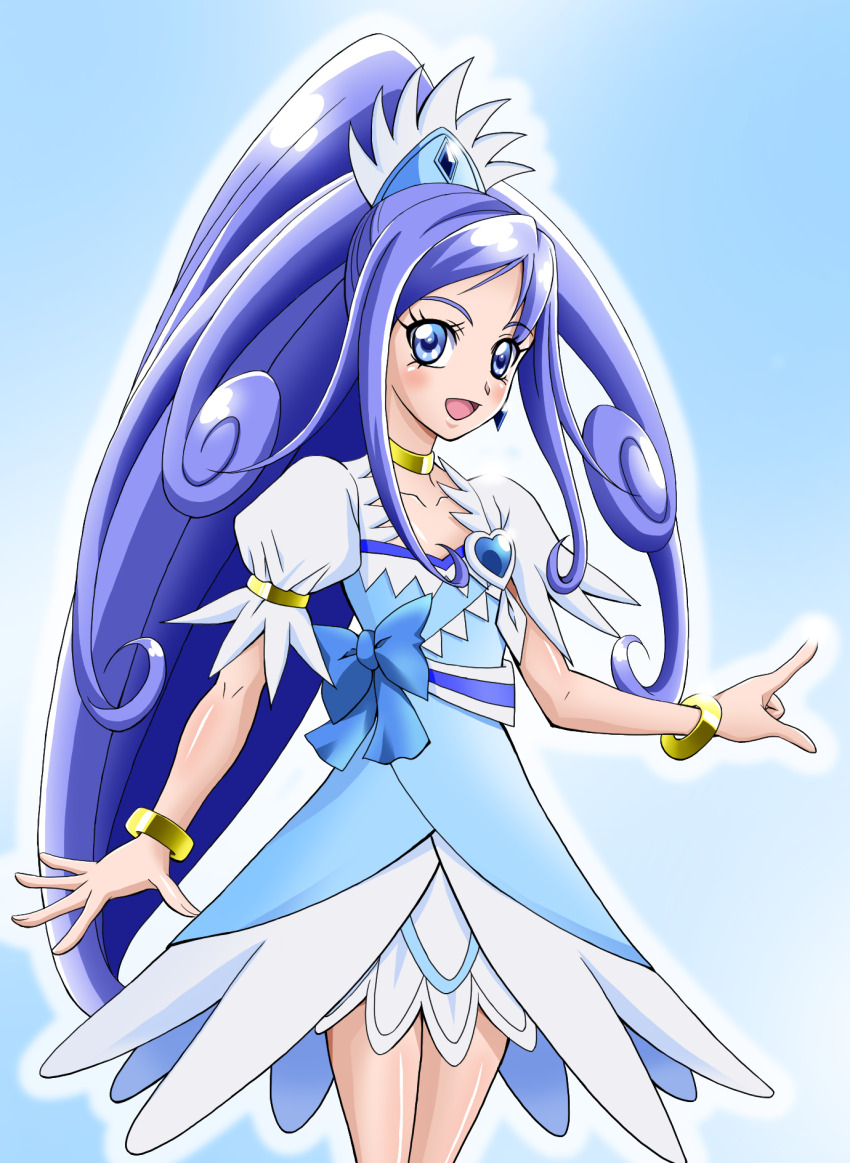1girl blue_background blue_bow blue_eyes blue_hair bow bracelet brooch choker cowboy_shot crystal_earrings cure_diamond dokidoki!_precure earrings hair_ornament heart heart_brooch high_ponytail highres hishikawa_rikka jewelry long_hair magical_girl nigemakuri open_mouth ponytail precure short_sleeves smile solo waist_bow yellow_choker