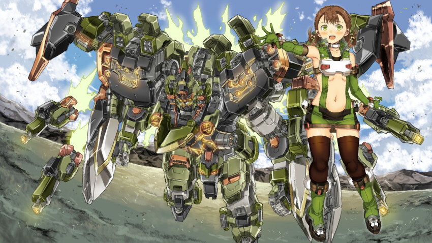 1girl absurdres black_thighhighs blush boots breasts brown_hair center_opening cloud elbow_gloves funnels_(gundam) garimpeiro gloves glowing glowing_eyes green_eyes green_footwear green_gloves gun hair_rings highres holding holding_gun holding_weapon mecha mountain open_hand open_mouth orange_eyes original robot sky small_breasts smile thighhighs weapon