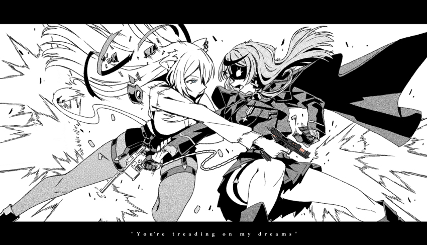 2girls alternate_costume animal_ears battle capelet commentary cross duel english_commentary english_text eye_mask finger_on_trigger firing floating_hair gloves greyscale gun half_gloves hand_up handgun holding holding_gun holding_weapon hololive jacket letterboxed lion_ears lion_girl long_hair medium_hair military military_jacket military_uniform miniskirt monochrome multiple_girls muzzle_flash open_mouth outstretched_arm pantyhose pantyhose_under_shorts parody pleated_skirt sakamata_chloe shirt shishiro_botan shishiro_botan_(button-down) shorts simple_background sin_city skirt spot_color taka_t thigh_strap virtual_youtuber weapon weapon_request white_background