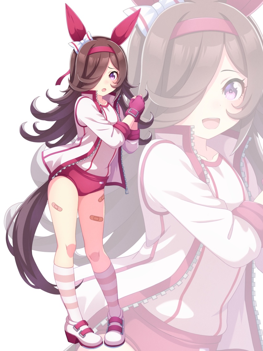 1girl animal_ears bandaid black_hair blush breasts buruma commentary_request cosplay full_body hairband haru_urara_(umamusume) haru_urara_(umamusume)_(cosplay) highres hokuyukis horse_ears horse_girl jacket long_hair looking_at_viewer open_mouth purple_eyes rice_shower_(umamusume) small_breasts solo thighs umamusume white_background