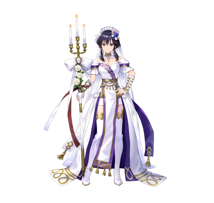 1girl absurdres black_hair bridal_veil bride candle candlestand dress fire_emblem fire_emblem:_genealogy_of_the_holy_war fire_emblem_heroes high_heels highres holding holding_candle larcei_(bride)_(fire_emblem) larcei_(bride_of_astra)_(fire_emblem) larcei_(fire_emblem) nintendo official_alternate_costume official_art pelvic_curtain purple_eyes short_hair short_hair_with_long_locks solo thighhighs veil wedding_dress white_dress