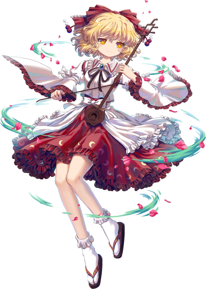 1girl absurdres black_ribbon blonde_hair blue_gemstone bow_(music) collar crescent crescent_print erhu frilled_skirt frilled_sleeves frilled_socks frills game_cg gem hair_ribbon highres holding holding_bow_(music) holding_erhu kumio non-web_source petals pink_petals red_frills red_ribbon red_skirt ribbon sandals satsuki_rin shirt short_hair skirt socks tachi-e touhou touhou_blooming_chaos white_collar white_ribbon white_shirt white_socks yellow_eyes zouri