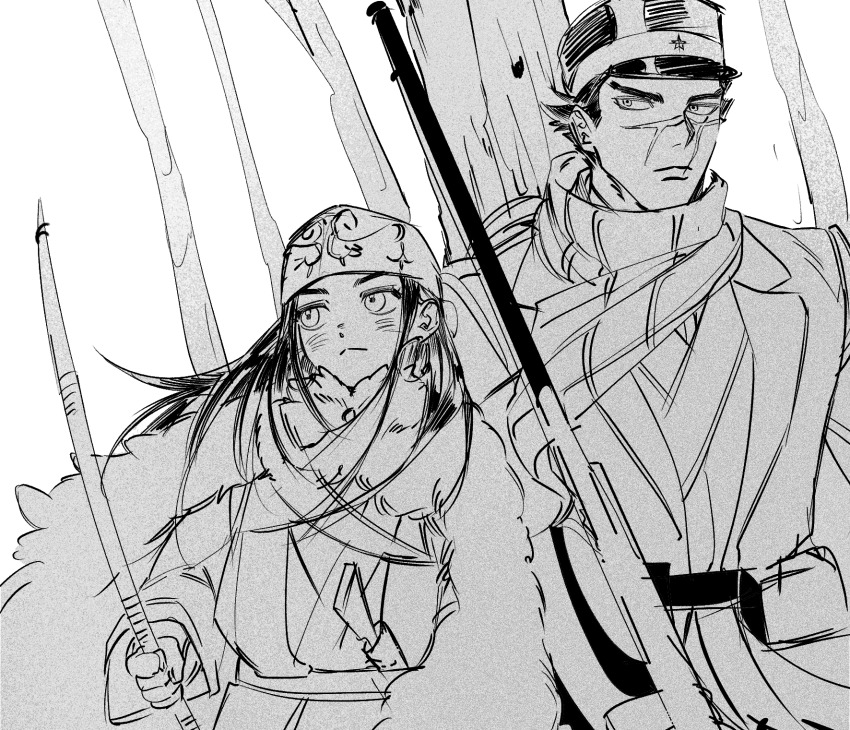 1boy 1girl ainu ainu_clothes asirpa bad_id bad_twitter_id blush bow_(weapon) closed_mouth fovopobo golden_kamuy greyscale gun hat headband highres holding holding_bow_(weapon) holding_gun holding_weapon long_hair looking_to_the_side military_hat monochrome scar scar_on_face scarf sugimoto_saichi upper_body weapon