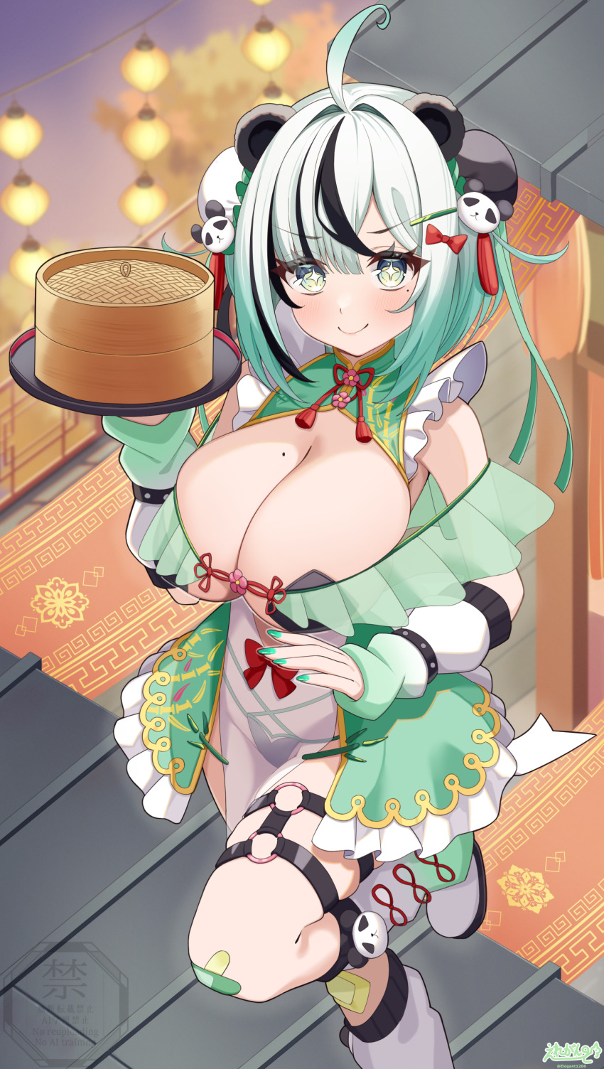 1girl absurdres ahoge animal_ears bandaid bandaid_on_leg bare_shoulders black_bra black_hair black_panties blush bra breasts bun_cover china_dress chinese_clothes double_bun dress elegant_(sumisumi4268) green_eyes green_hair green_nails hair_bun hair_ornament hairclip highres holding holding_tray indoors knee_up large_breasts looking_at_viewer loose_socks mole mole_on_breast mole_under_eye multicolored_hair nail_polish original panda_hair_ornament panda_ornament panties revealing_clothes see-through_clothes smile socks solo symbol-shaped_pupils thigh_strap tray underwear white_hair