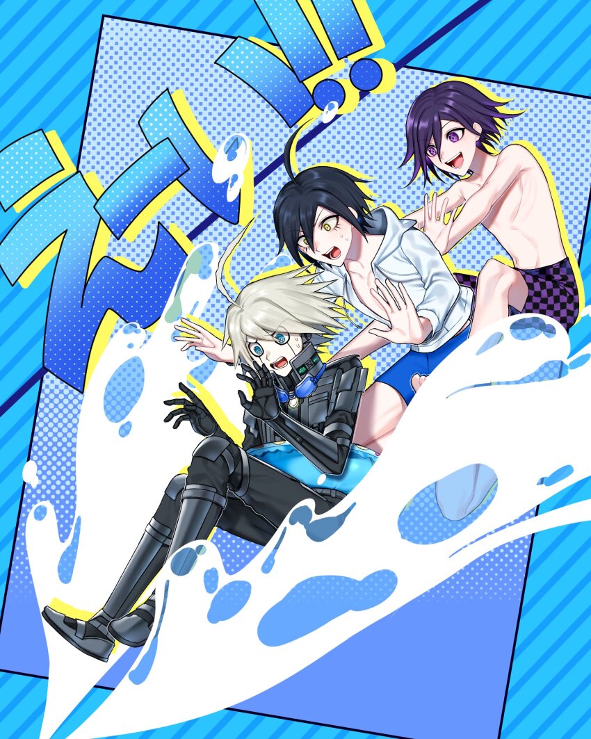 3boys :d ahoge armor black_hair blue_eyes blue_male_swimwear checkered_male_swimwear collarbone danganronpa_(series) danganronpa_s:_ultimate_summer_camp danganronpa_v3:_killing_harmony grey_hair happy highres innertube jacket k1-b0 male_focus male_swimwear multiple_boys official_alternate_costume oma_kokichi open_mouth power_armor purple_eyes purple_hair purple_male_swimwear saihara_shuichi short_hair shui_shuang smile spiked_hair sweat swim_ring teeth topless_male translation_request water white_jacket
