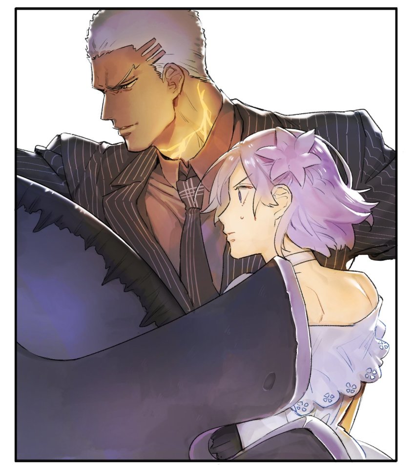 bare_shoulders collared_shirt dareka_25 dark-skinned_male dark_skin dress emiya_alter emiya_alter_(formal_dress) fate/grand_order fate_(series) formal_clothes highres holding light_purple_hair mash_kyrielight mash_kyrielight_(formal_dress) necktie official_alternate_costume pinstripe_pattern pinstripe_suit purple_eyes purple_hair red_shirt shield shirt short_hair striped_necktie suit very_short_hair white_hair yellow_eyes