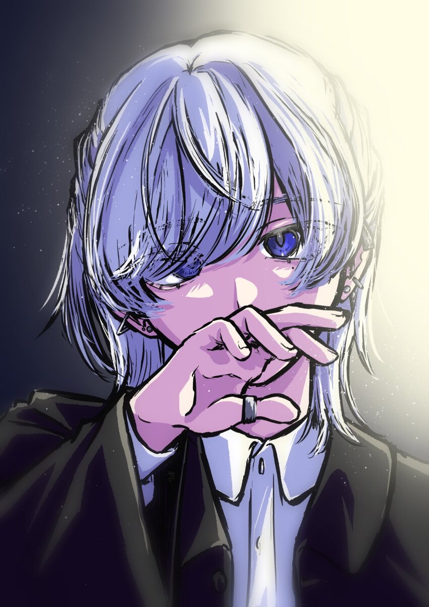 1girl black_coat blue_eyes coat collared_shirt ear_piercing highres looking_at_viewer medium_hair original piercing rtu162636 shirt solo straight-on white_hair white_shirt