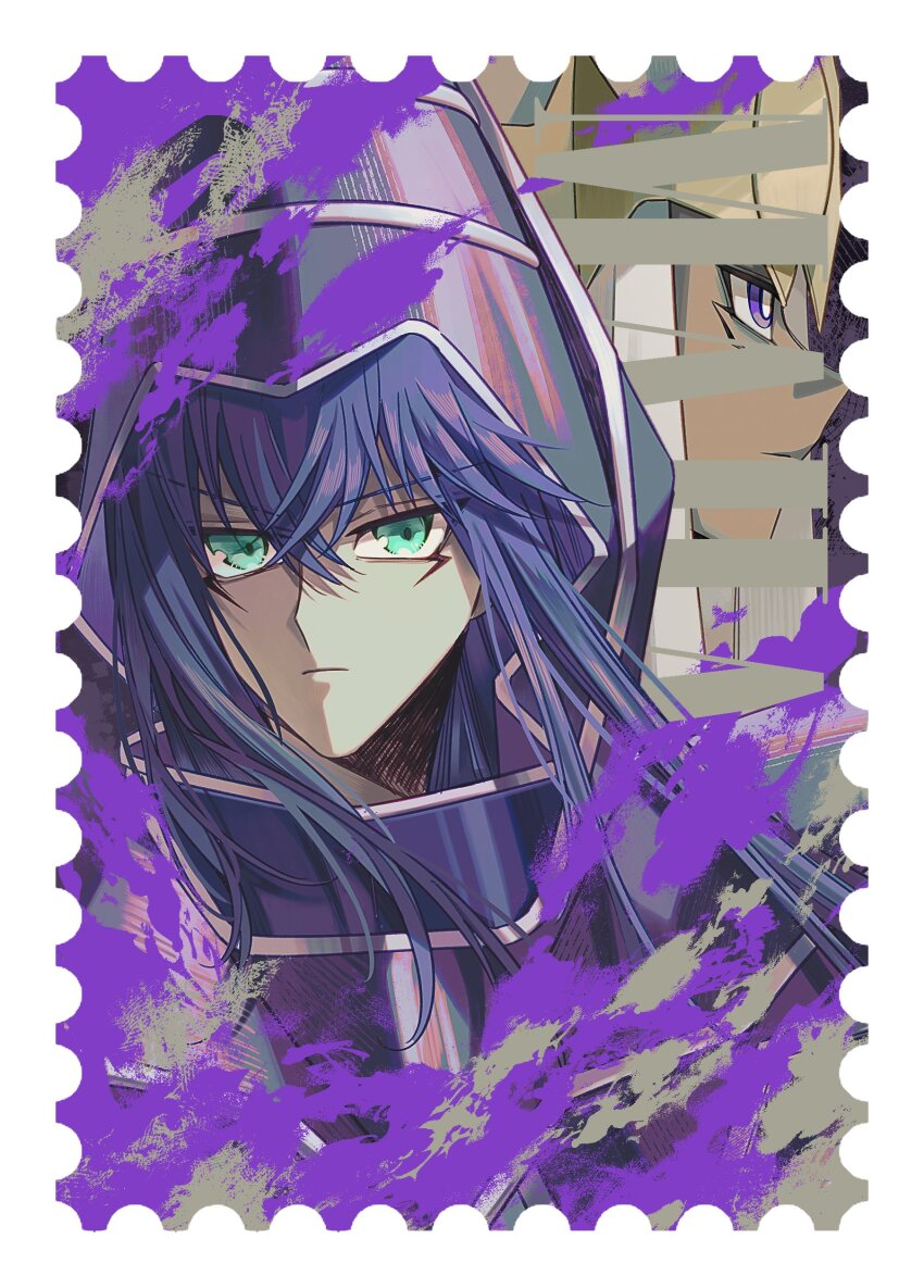 2boys absurdres armor border dark_magician duel_monster green_eyes haikaze highres long_hair mahado male_focus multiple_boys purple_armor purple_eyes purple_hair solo_focus upper_body white_border yu-gi-oh! yu-gi-oh!_duel_monsters