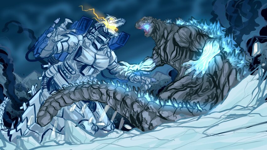 battle blue_eyes claws cyborg dinosaur energy fangs gemstone_creative_label giant giant_monster glowing glowing_arm glowing_eyes glowing_mouth glowing_spikes godzilla godzilla_(gemstone) godzilla_(series) godzilla_against_mechagodzilla godzilla_vs._gigan_rex godzilla_vs._megalon_(2023_short) highres jaws kaiju kiryu_(godzilla) long_tail magnetic_weapon maser maser_cannon mecha mechagodzilla military monster no_humans no_pupils open_mouth railgun robot scales science_fiction sharp_teeth spikes spines tail teeth thomdotartz toho type-0_railgun weapon wrist_cannon wrist_gun yellow_eyes