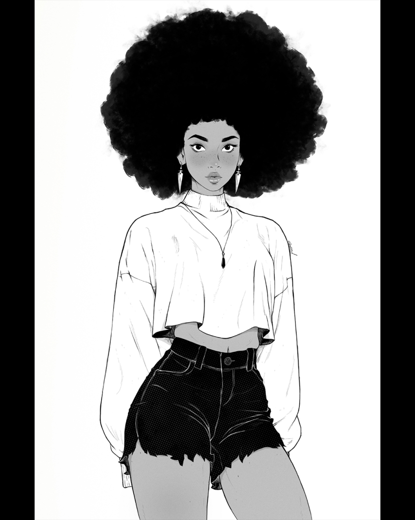 1girl afro arms_behind_back big_hair closed_mouth contrapposto cowboy_shot crop_top crop_top_overhang cutoffs dark-skinned_female dark_skin denim denim_shorts earrings emanuel_r_ferreira eyelashes forehead freckles greyscale highres jewelry lips looking_at_viewer midriff_peek monochrome navel nose original pendant pillarboxed pocket shirt short_shorts shorts simple_background sleeves_past_wrists solo standing thick_lips thighs turtleneck white_background