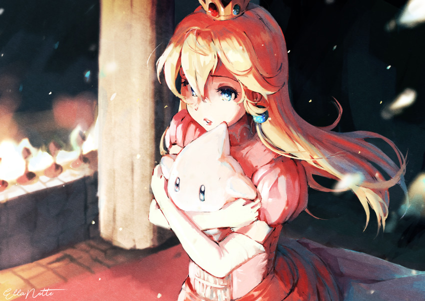 1girl artist_name blonde_hair blue_eyes carpet crown dress earrings elbow_gloves ellanotte embers eyelashes gloves highres holding holding_to_chest jewelry lips long_hair luma_(mario) mario_(series) nintendo parted_lips pillar pink_dress pink_lips princess princess_peach puffy_short_sleeves puffy_sleeves red_carpet scene_reference short_sleeves signature solo super_mario_galaxy white_gloves worried