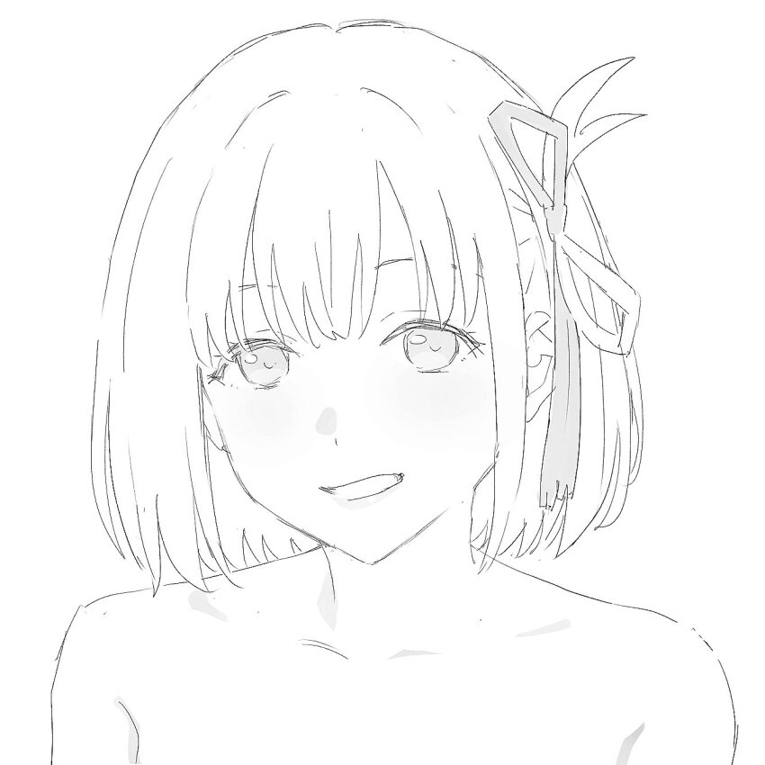 1girl folded_hair grin hair_ribbon highres lycoris_recoil mikazuchi_zeus monochrome nishikigi_chisato nude portrait ribbon short_hair simple_background sketch smile solo white_background
