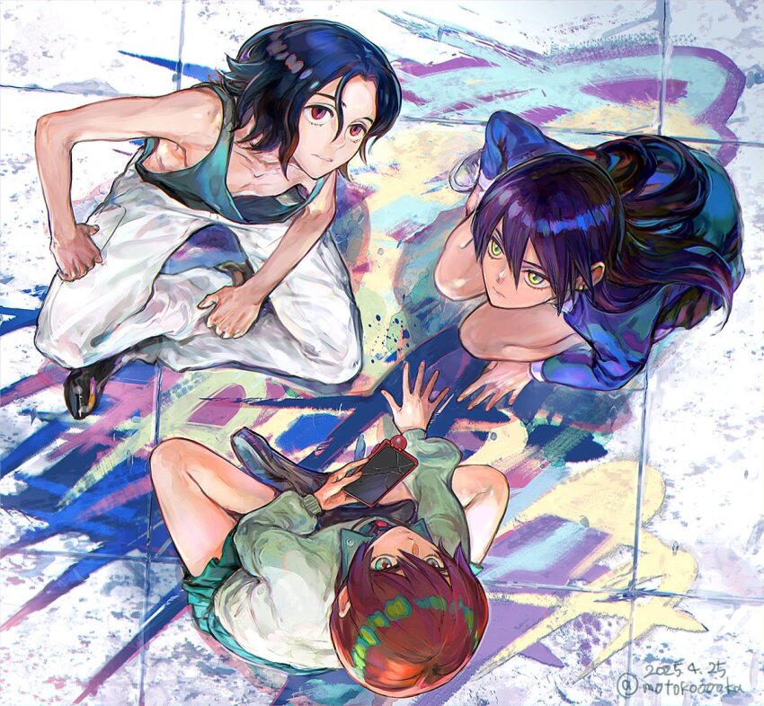 1boy 2girls amate_yuzuriha aqua_eyes artist_name blue_hair collared_shirt cracked_screen dated downblouse from_above graffiti gundam gundam_gquuuuuux holding holding_phone jacket long_hair long_sleeves looking_up motokooooka multiple_girls necktie nyaan_(gundam_gquuuuuux) on_floor pants phone purple_hair red_eyes red_hair school_uniform shirt short_hair shuji_ito sitting skirt spray_paint sweater yellow_eyes