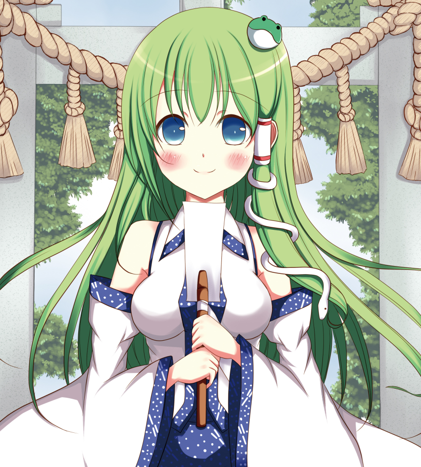 1girl blue_eyes blush breasts detached_sleeves female_focus frog_hair_ornament gohei green_hair hair_ornament hair_tubes highres kochiya_sanae long_hair oonusa rope shimenawa skirt smile snake_hair_ornament solo tomo_(uguisu-tei) tomotomokokoro torii touhou tree