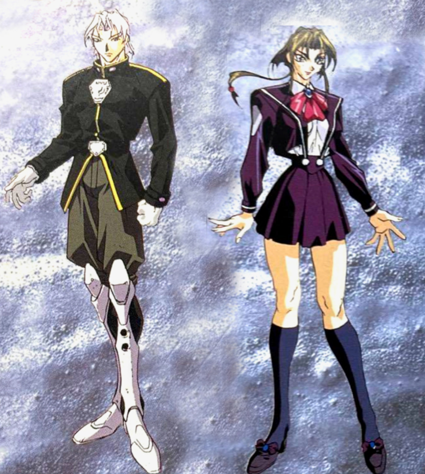 1990s_(style) 1996 1boy 1girl asahina_ryo asahina_suzu boots brother_and_sister brown_hair choujin_gakuen_gowcaizer gloves grey_hair highres oobari_masami platonic_twins ponytail retro_artstyle school_uniform serafuku siblings twins unworn_gloves