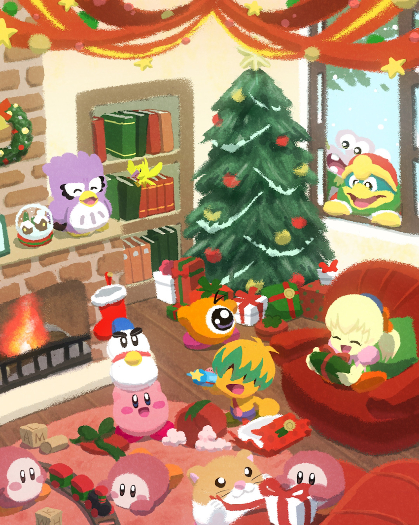 blush_stickers bookshelf box brother_and_sister bun_(kirby) chilly_(kirby) christmas christmas_stocking christmas_tree christmas_wreath coo_(kirby) couch escargon fireplace fumu_(kirby) gift gift_box hair_over_eyes highres indoors king_dedede kirby kirby:_right_back_at_ya kirby_(series) nintendo nody_(nody_lowmoo) one-eyed open_mouth rick_(kirby) scarf siblings solid_oval_eyes star_(symbol) tokkori_(kirby) toy_train waddle_dee wreath