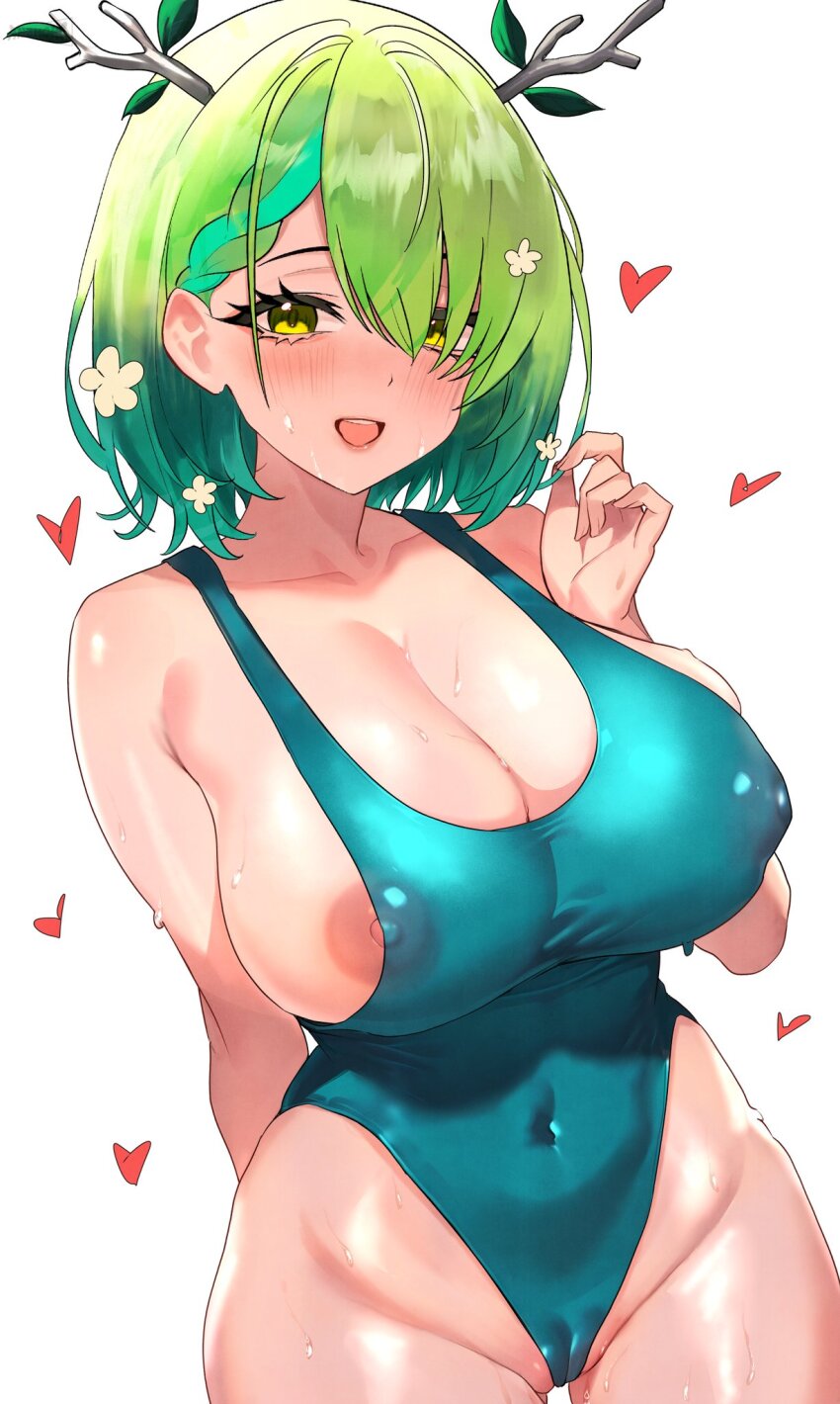 1girl anzhong areola_slip arm_behind_back bare_hips bare_shoulders blue_one-piece_swimsuit blush braid braided_bangs branch breasts cameltoe ceres_fauna cleavage collarbone covered_erect_nipples cowboy_shot flower gradient_hair green_hair hair_flower hair_ornament hair_over_one_eye hand_up heart highleg highleg_one-piece_swimsuit highres hololive hololive_english large_breasts looking_at_viewer medium_hair mole multicolored_hair nipple_slip nipples one-piece_swimsuit open_mouth simple_background smile solo swimsuit thigh_gap tree_horns virtual_youtuber white_background yellow_eyes