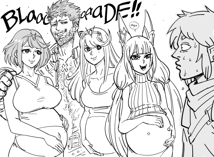 1koma 2boys 3girls absurdres aged_up bare_arms bare_shoulders bb_(baalbuddy) big_belly breasts chest_hair cleavage comic commission crossover english_text facial_hair gigachad_(meme) half-closed_eyes hands_on_own_stomach harem hetero highres husband_and_wives large_breasts link long_hair looking_at_another mature_male medium_hair meme monochrome multiple_boys multiple_girls mythra_(xenoblade) navel nervous_sweating nia_(xenoblade) nintendo open_clothes outie_navel pregnant pyra_(xenoblade) rex_(xenoblade) segmented_comic shirt short_hair sleeveless sleeveless_shirt sleeveless_sweater smile stomach sweat sweater swept_bangs the_legend_of_zelda turtleneck turtleneck_sweater very_long_hair xenoblade_chronicles_(series) xenoblade_chronicles_2