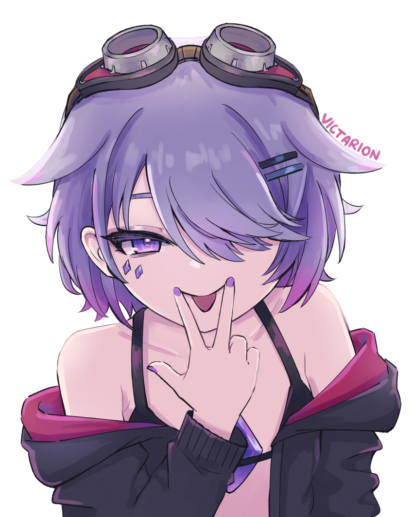 1girl :p absurdres alternate_costume artist_name bikini black_bikini black_jacket chest_jewel cunnilingus_gesture gem goggles goggles_on_head highres hololive hololive_english jacket jewel_under_eye koseki_bijou looking_at_viewer purple_eyes purple_gemstone purple_hair short_hair simple_background solo swimsuit tongue tongue_out victarionsc virtual_youtuber w white_background
