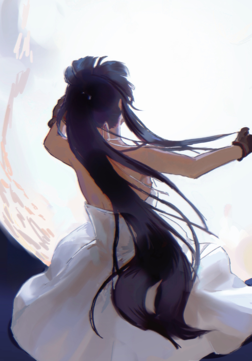 1girl ashashio backless_dress backless_outfit backlighting bare_shoulders blue_hair blunt_bangs breasts brown_gloves dress facing_away facing_up floating_clothes from_behind full_moon gloves highres long_hair minato_hikaru moon night outstretched_arms ponytail sleeveless sleeveless_dress small_breasts soukou_akki_muramasa spaghetti_strap spread_arms very_long_hair white_dress