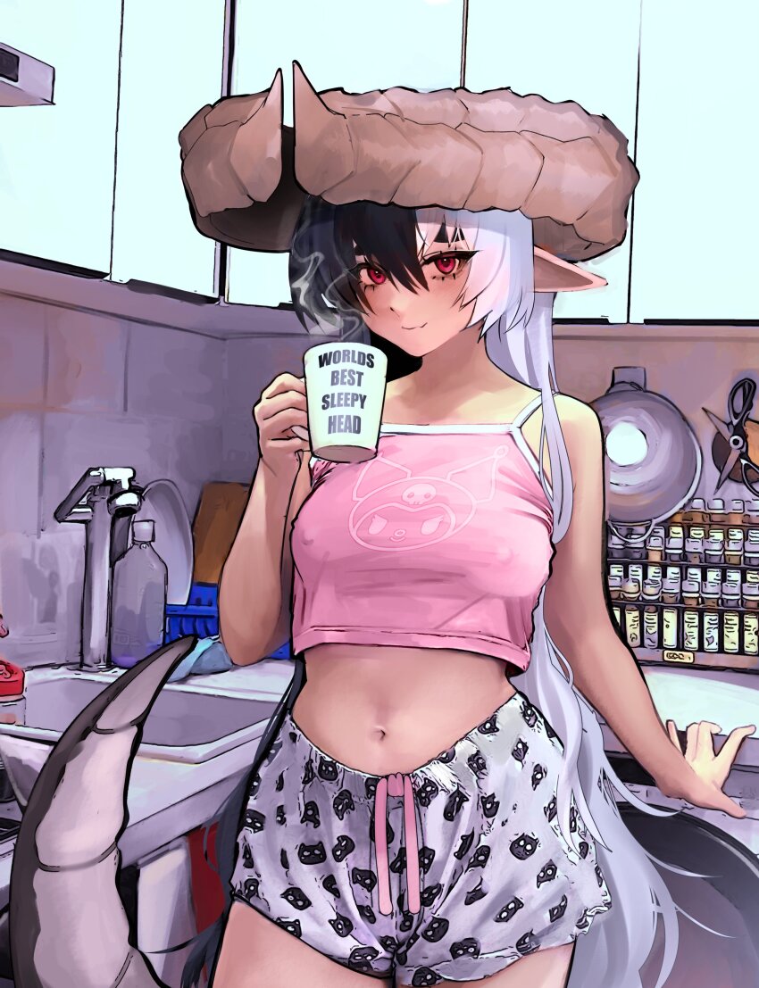 1girl absurdres black_hair breasts camisole coffee_mug covered_erect_nipples cowboy_shot crop_top cup highres holding holding_cup horns indoors kitchen kumaartsu long_hair looking_at_viewer midriff mug mug_writing multicolored_hair mythic_live nako_ryu navel pajamas pointy_ears red_eyes shorts smile solo split-color_hair standing virtual_youtuber