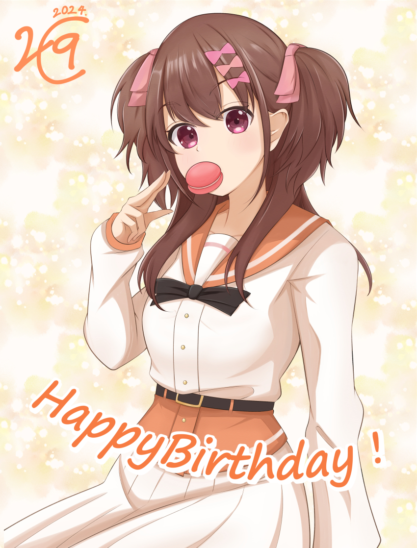 1girl 22/7 absurdres belt belt_buckle black_belt black_bow black_bowtie bow bowtie brown_eyes brown_hair buckle dated food food_in_mouth hair_bow hair_ornament happy_birthday highres long_hair long_sleeves looking_at_viewer macaron mouth_hold orange_sailor_collar pink_bow sailor_collar school_uniform sera_honoka shirt sitting skirt solo takumitu_711 two_side_up white_shirt white_skirt yellow_background