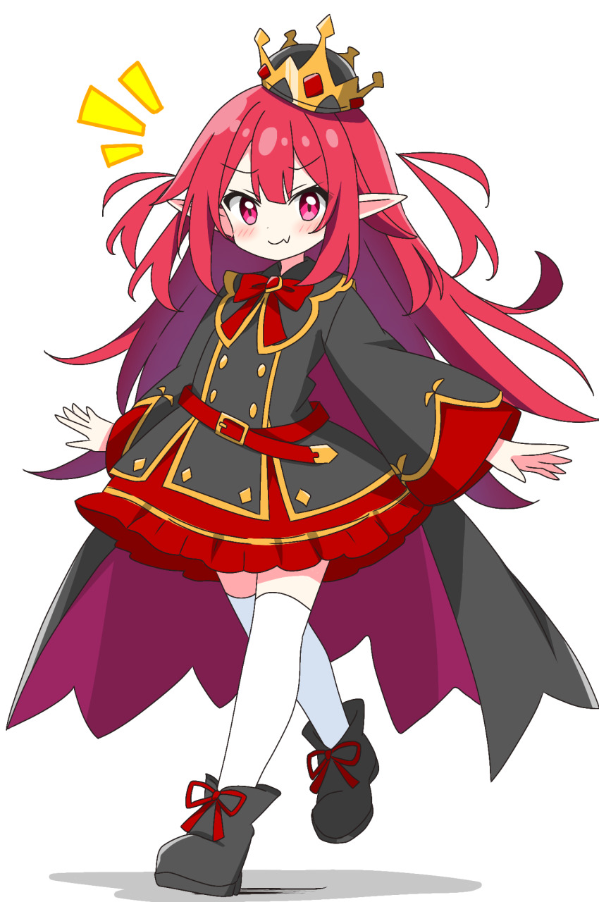1girl black_boots black_crown black_dress blush boots bow bowtie closed_mouth commentary_request crown dot_nose dress fang fang_out frilled_dress frills full_body highres kotatsu-mazoku long_hair long_sleeves looking_at_viewer notice_lines original pink_eyes pointy_ears red_bow red_bowtie red_hair simple_background skin_fang smile solo standing thighhighs two_side_up white_background white_thighhighs zettai_ryouiki