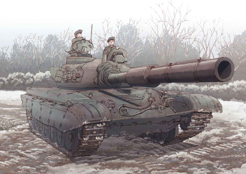 2boys caterpillar_tracks day earasensha military military_vehicle motor_vehicle multiple_boys original real_life sky snow t-72 tank tree