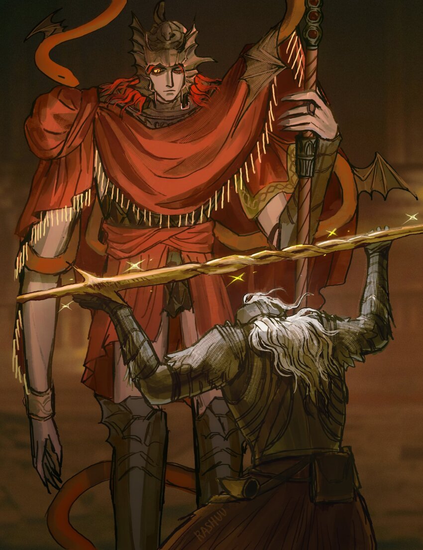 2boys armor bat_wings bloody_wolf_(elden_ring) bracelet colored_eyelashes commentary elden_ring elden_ring:_shadow_of_the_erdtree english_commentary full_armor glint helmet highres holding holding_polearm holding_weapon in-universe_location indoors jewelry kneeling looking_at_another male_focus messmer_the_impaler multiple_boys one-eyed one_eye_closed polearm rashuu red_hair red_shawl red_snake shawl single_bracelet snake tarnished_(elden_ring) weapon white_hair winged_helmet wings yellow_eyes