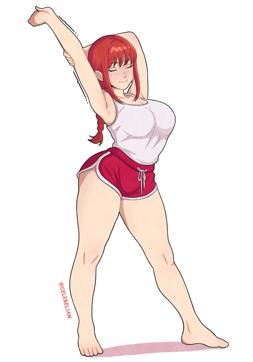 1girl absurdres armpits barefoot breasts camisole celebelian chainsaw_man closed_eyes closed_mouth commentary cosplay dolphin_shorts english_commentary fatal_fury fatal_fury:_city_of_the_wolves feet full_body highres large_breasts long_hair makima_(chainsaw_man) pink_shorts red_hair shiranui_mai shiranui_mai_(cosplay) shorts smile solo stretching the_king_of_fighters toes twitter_username white_background white_camisole