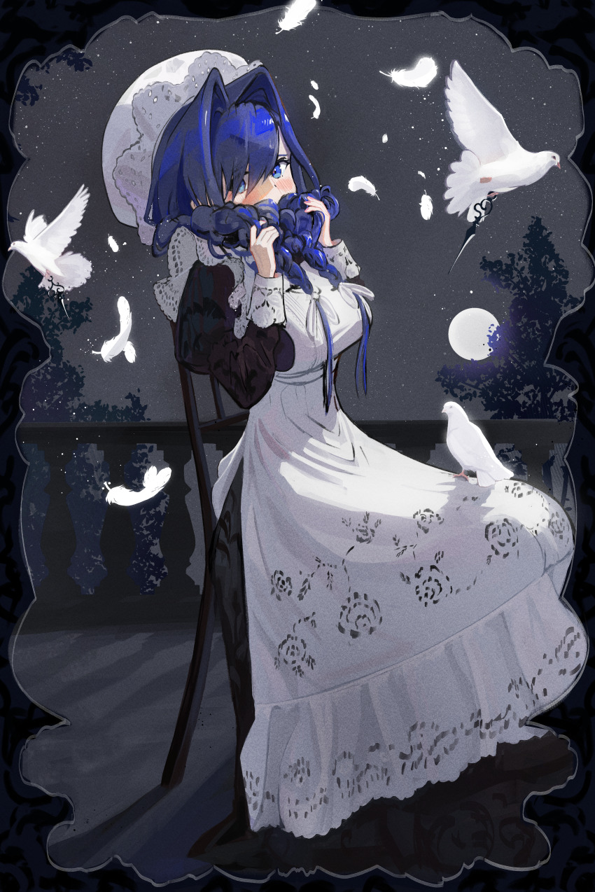 1girl absurdres apron besi_(besidoesart) bird black_dress braid dove dress grabbing_own_hair hair_intakes hair_ribbon hat highres hololive hololive_english long_hair looking_at_viewer low_twin_braids maid maid_apron mob_cap moon night official_alternate_costume official_alternate_hairstyle ouro_kronii ouro_kronii_(maid) ribbon solo twin_braids virtual_youtuber white_apron white_ribbon