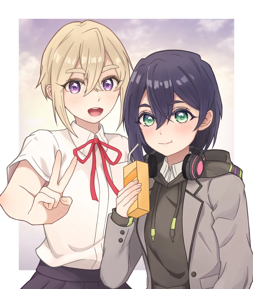 2girls :d :t absurdres black_hair black_hoodie blonde_hair commentary drawstring drinking_straw green_eyes grey_jacket hair_between_eyes haraga_kurumi headphones headphones_around_neck highres holding_juice_box hood hood_down hoodie jacket juice_box kimi_no_koto_ga_dai_dai_dai_dai_daisuki_na_100-nin_no_kanojo long_sleeves looking_at_viewer multiple_girls neck_ribbon open_mouth pigsir13152 purple_eyes red_ribbon ribbon shirt short_hair short_sleeves simple_background smile sutou_iku thick_eyebrows upper_body v white_shirt